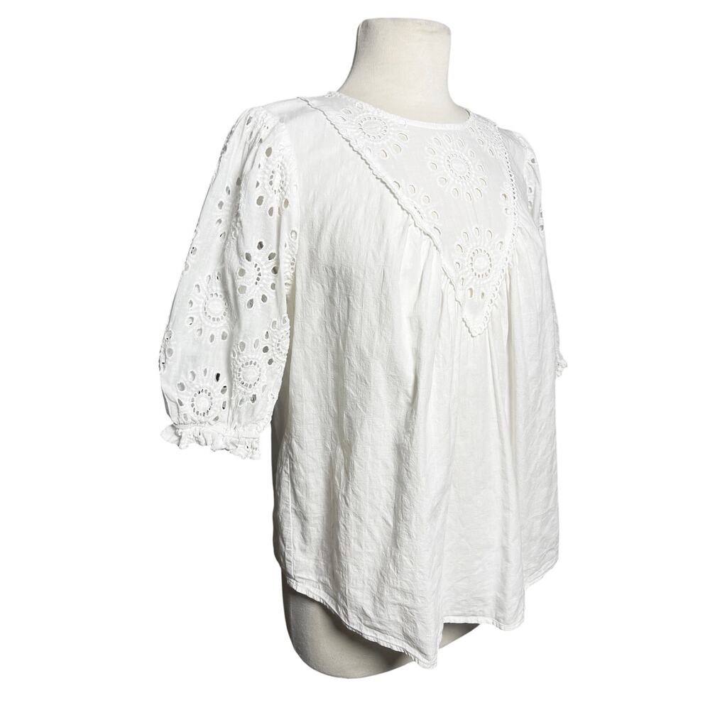 AEOM Women’s Boho White Eyelet Puff Sleeve Top Large - Picture 2 of 4